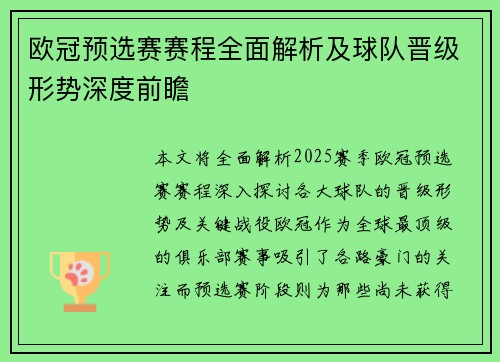 欧冠预选赛赛程全面解析及球队晋级形势深度前瞻