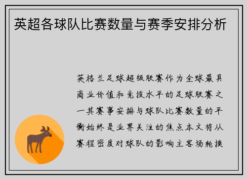 英超各球队比赛数量与赛季安排分析