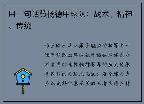 用一句话赞扬德甲球队：战术、精神、传统