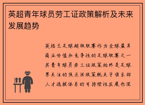 英超青年球员劳工证政策解析及未来发展趋势