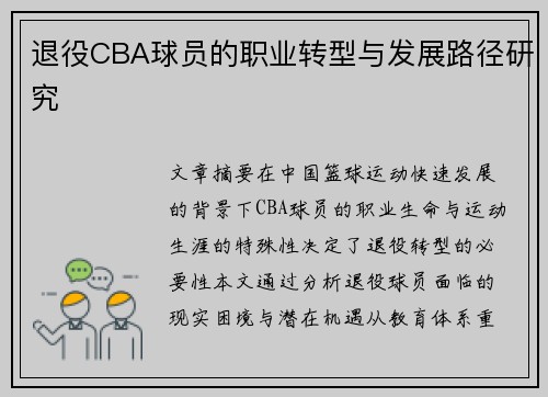退役CBA球员的职业转型与发展路径研究